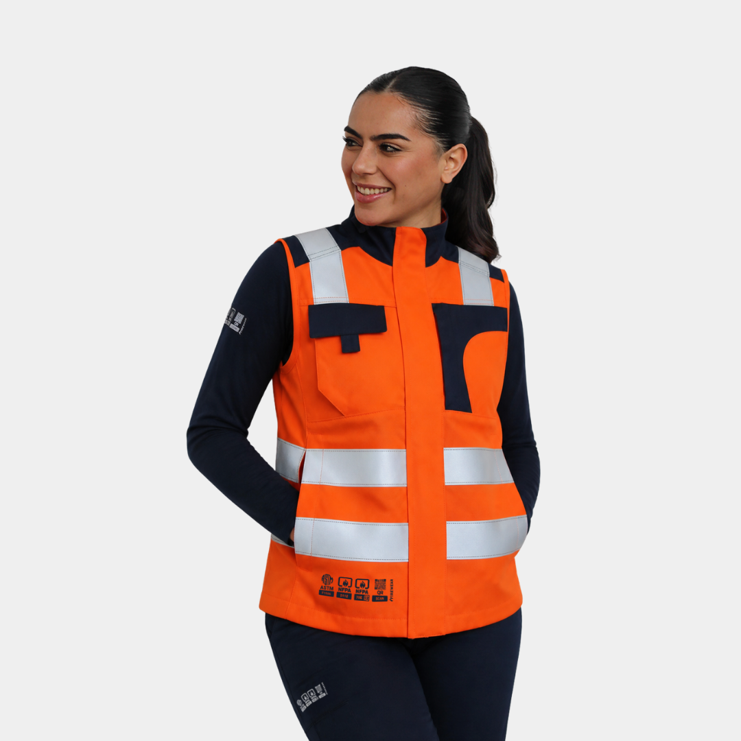 Mujer usando geólogo ignífugo FIREWEAR® bicolor naranjo y azul R201-6 en vista frontal tres cuartos.